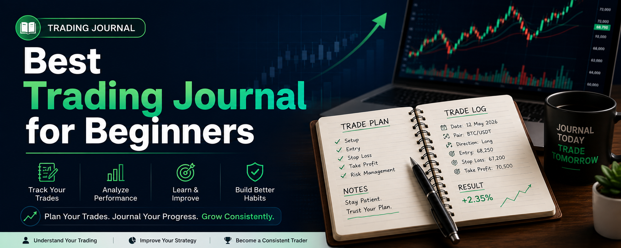 Trade Journal Desk dashboard showing total PnL, win rate, active trades, and market mix — an example of what a beginner-friendly trading journal dashboard looks like