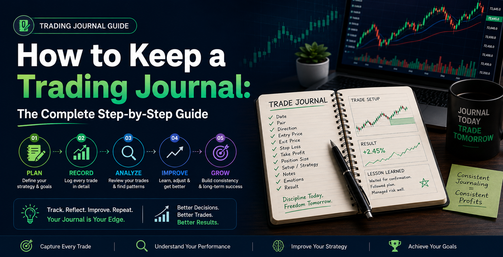 Trade entry form showing a trade being logged with symbol, exchange, strategy, quantity, entry and exit time — the core habit this guide walks through