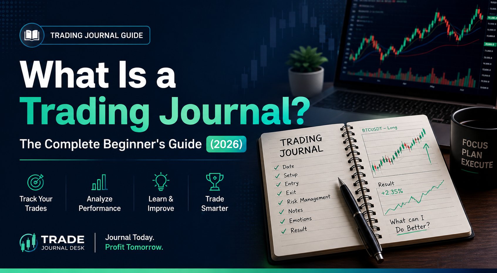 Trading journal guide cover — a notebook trade log next to a candlestick chart, illustrating what a trading journal tracks: date, setup, entry, exit, risk management, notes, emotions, and result